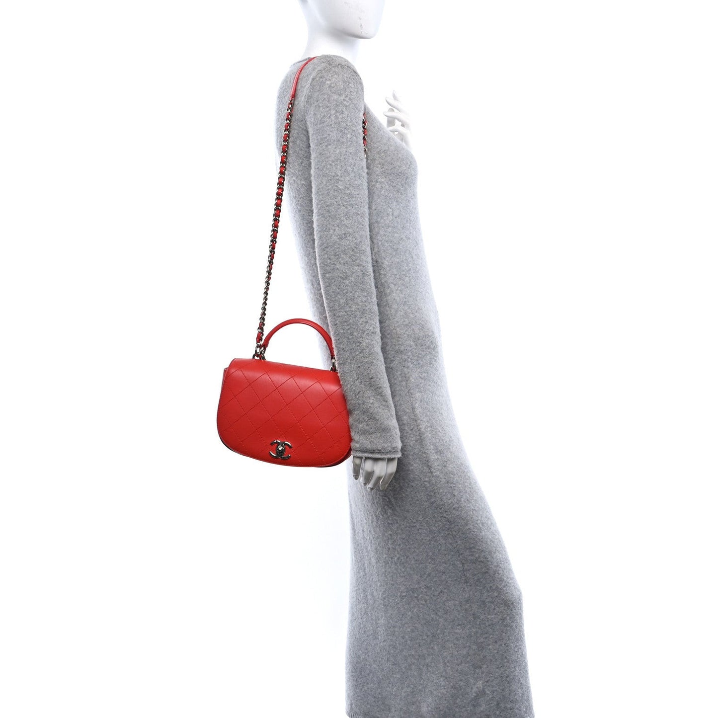 Calfskin Stitched Small Ring My Bag Flap Crossbody Red