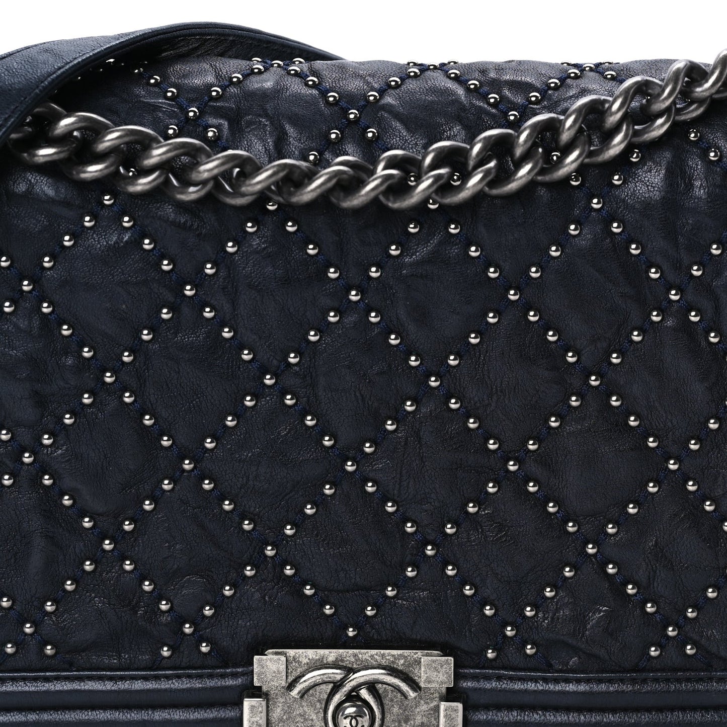 Crumpled Lambskin New Medium Studded Boy Flap Navy