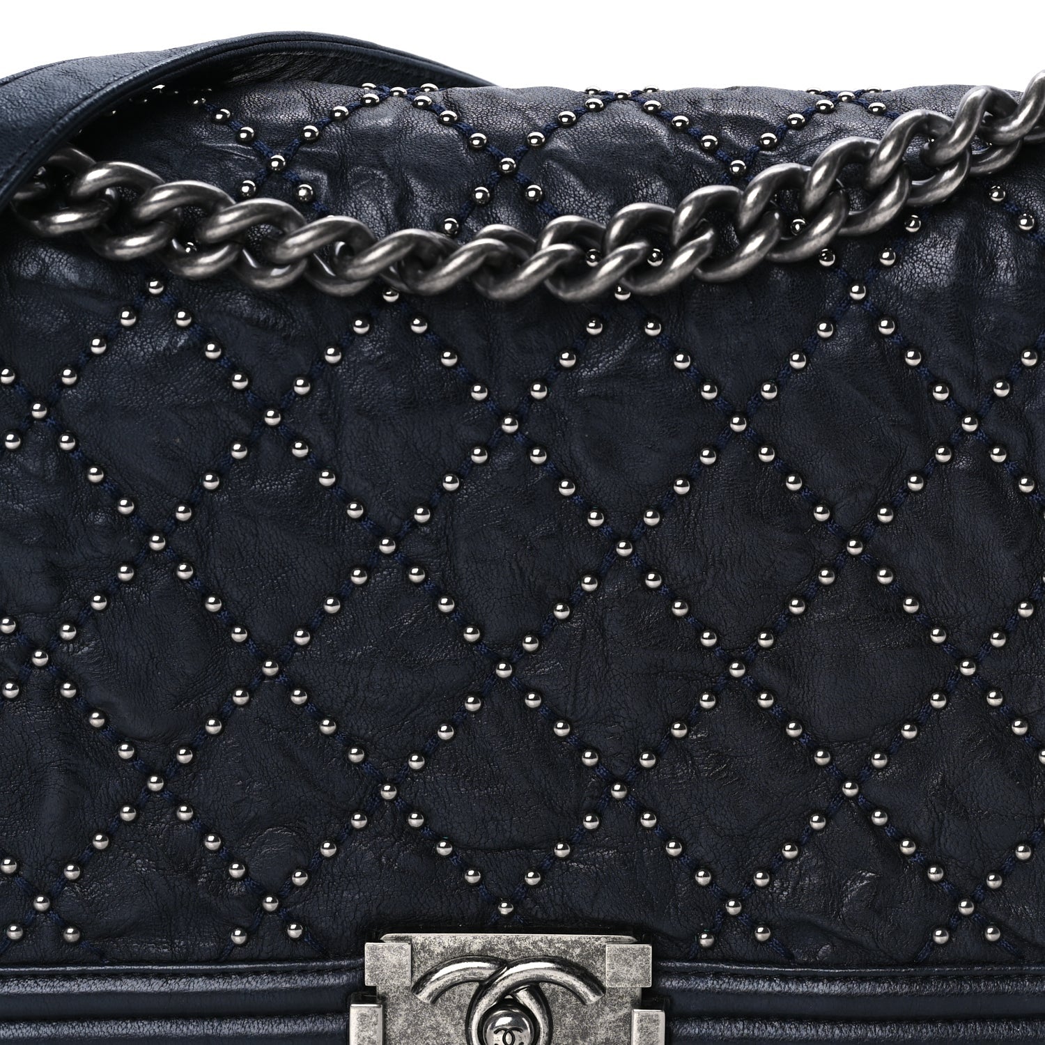 Chanel Crumpled Lambskin New Medium Studded Boy Flap Navy 7 of 9