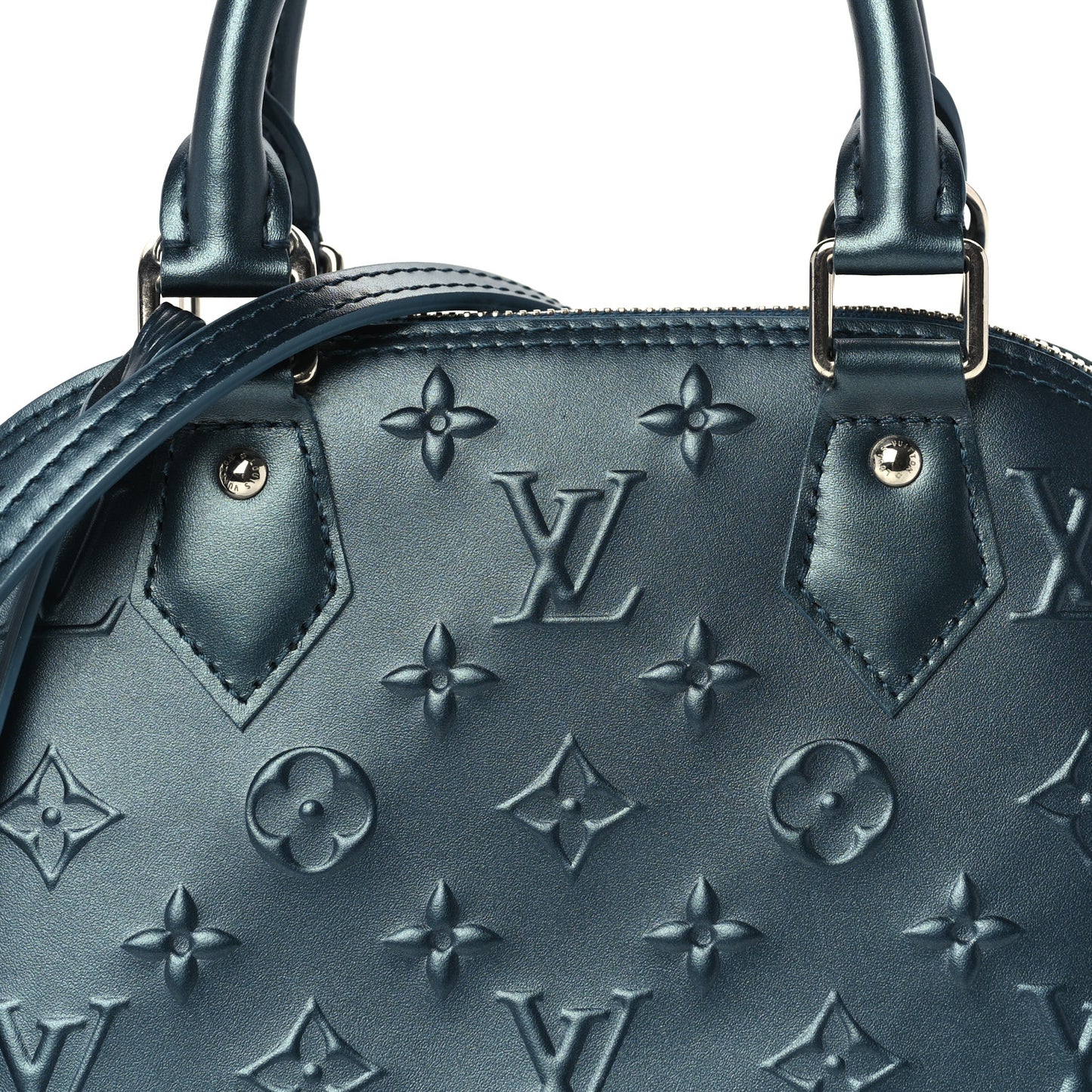 Metallic Calfskin Debossed Monogram Alma BB Steel Blue