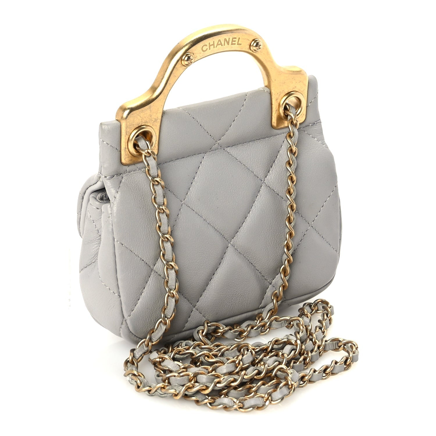 Chanel Calfskin Quilted Lady Handle Flap Card Holder With Chain  Grey 2 of 9