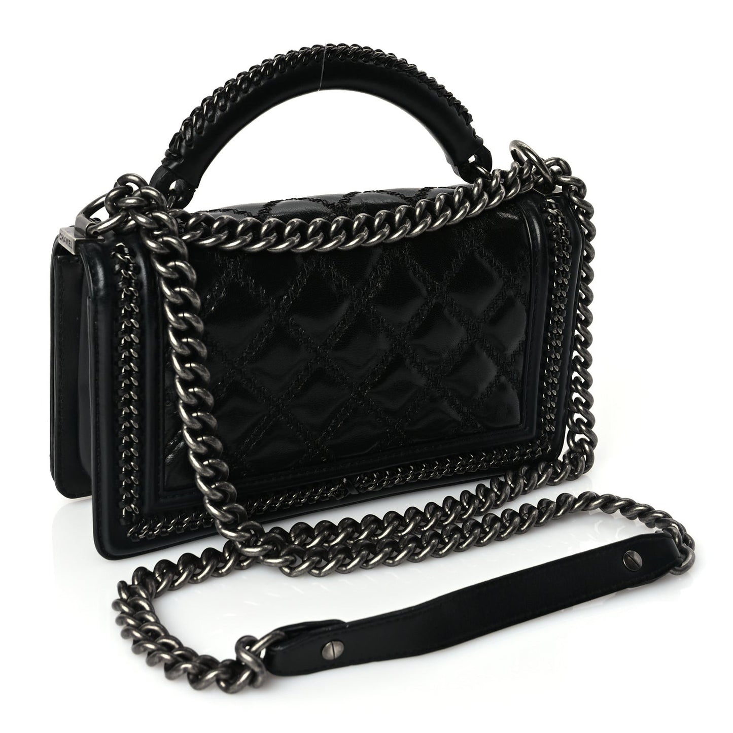 Goatskin Quilted Medium Boy Top Handle Flap Black