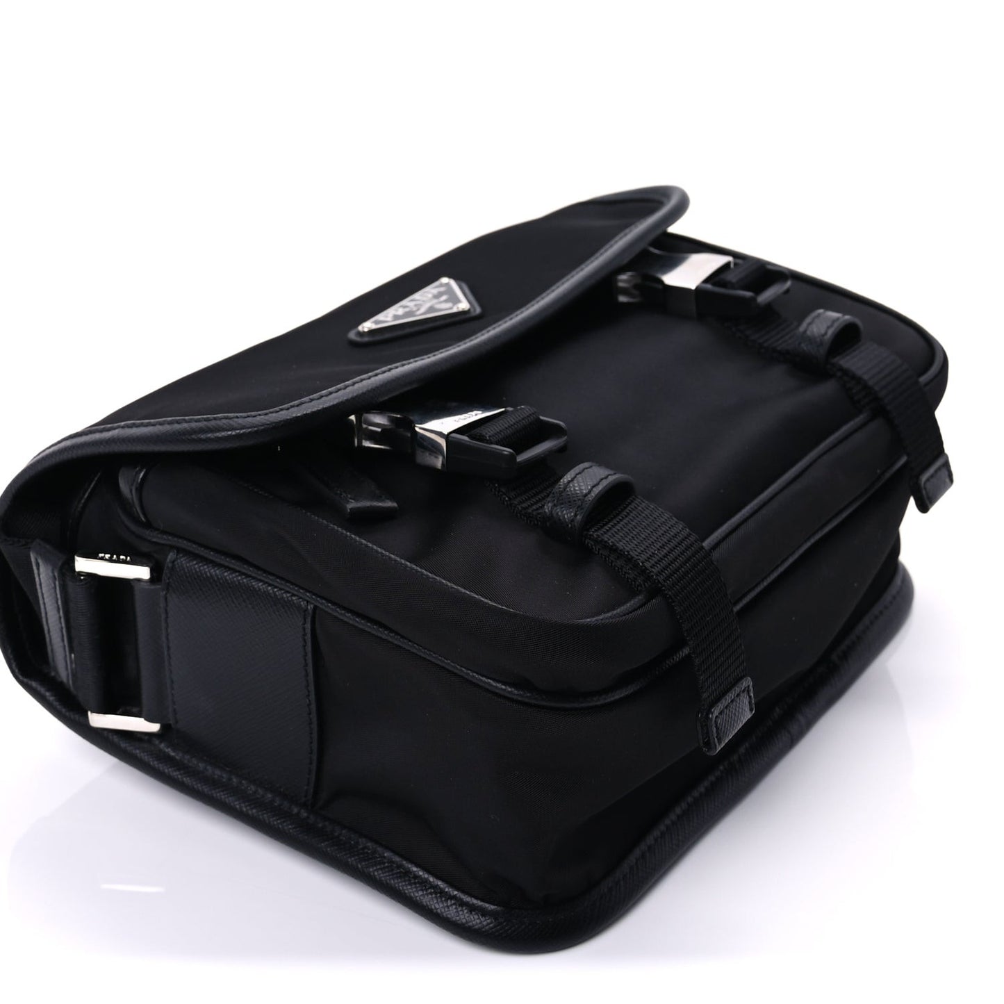 Re-Nylon Saffiano Pocket Double Snap Buckle Shoulder Bag Black