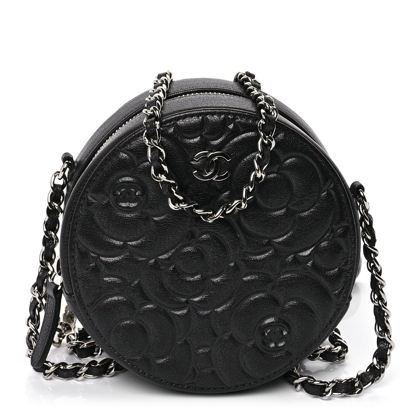 Goatskin Camellia Quilted Round Clutch With Chain Anthracite