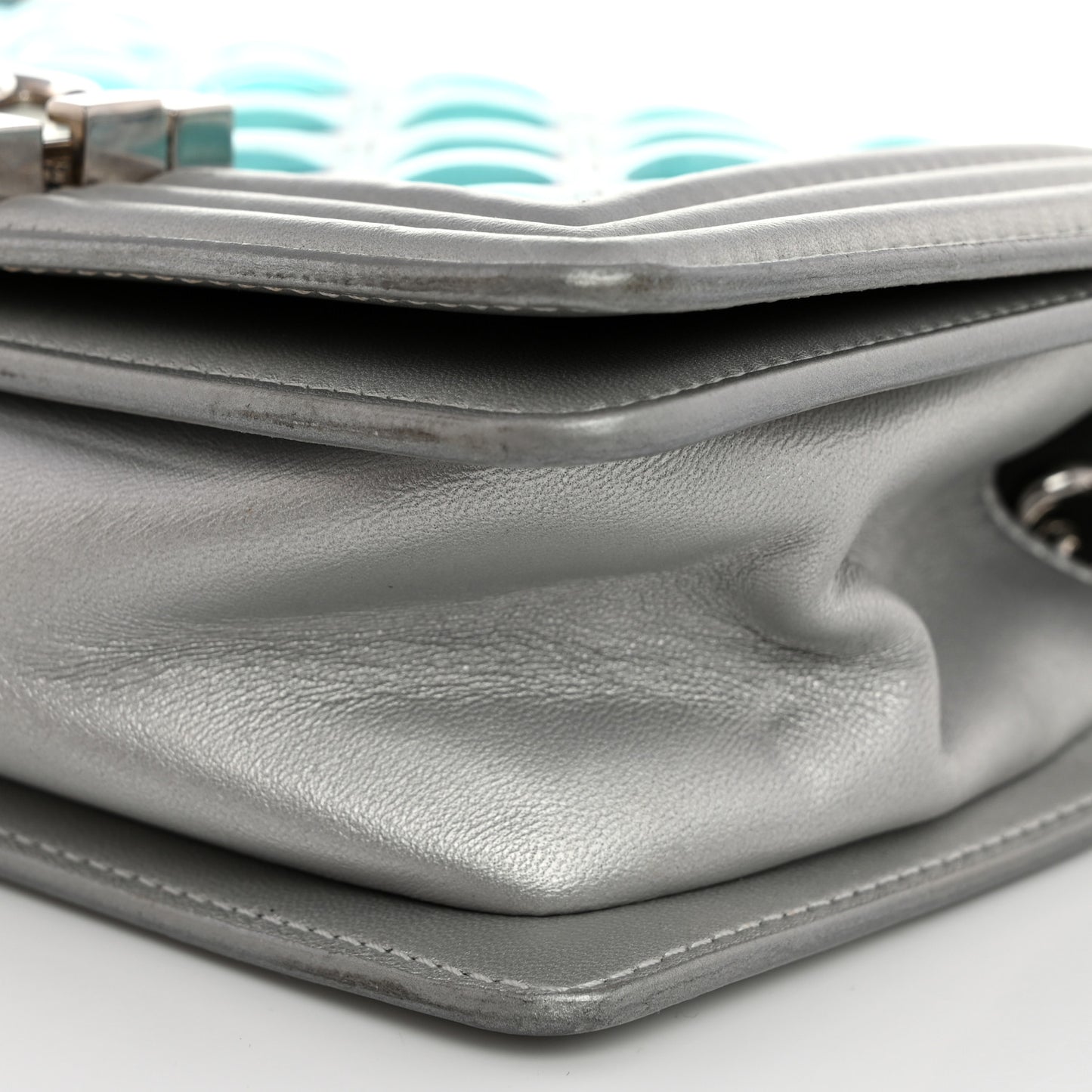 Iridescent Patent Calfskin PVC Quilted Small Boy Flap Blue