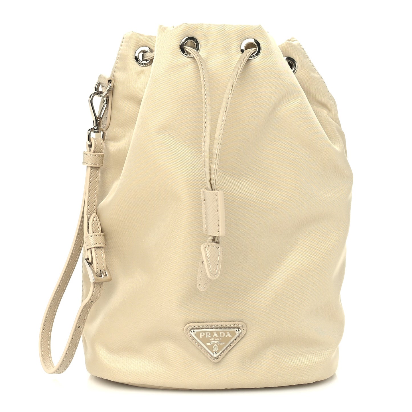 Saffiano Tessuto Nylon Vela Bucket Wristlet Cammeo