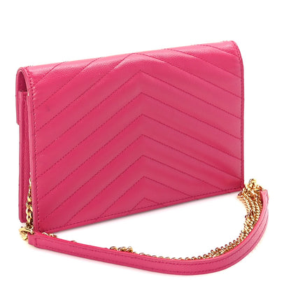 Saint Laurent Grain De Poudre Matelasse Chevron Monogram Envelope Chain Wallet Fresh Fuchsia 2 of 8