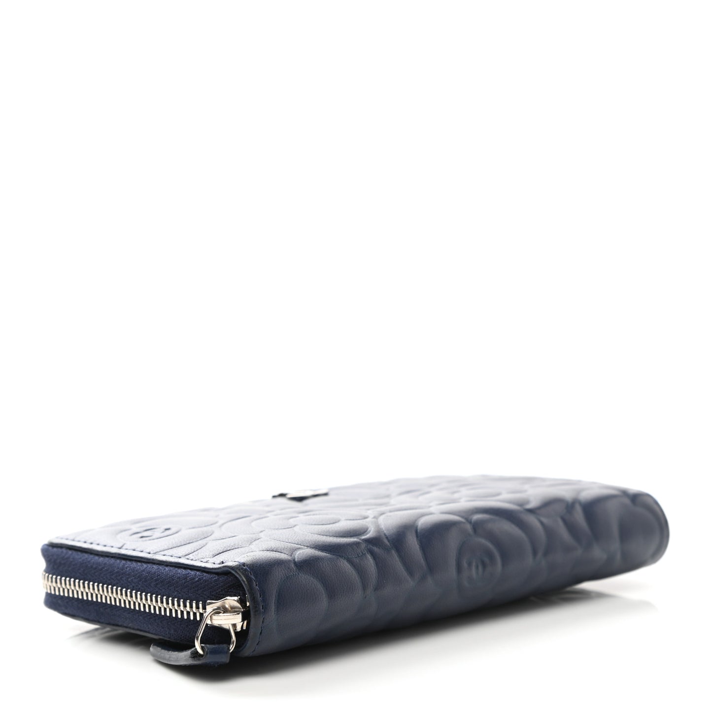 Lambskin Camellia Embossed Medium Zip Around Wallet Navy