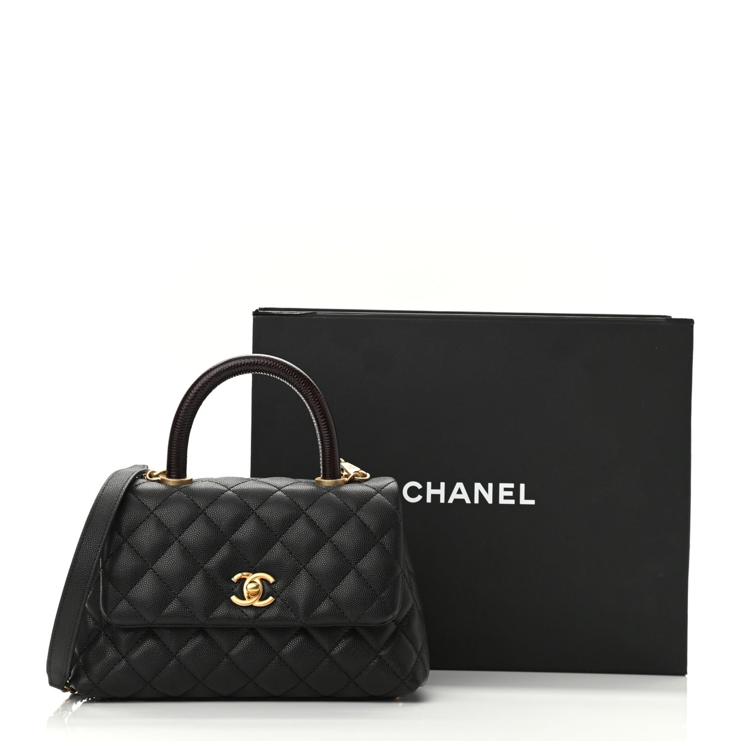 Caviar Lizard Embossed Quilted Mini Coco Handle Flap Black