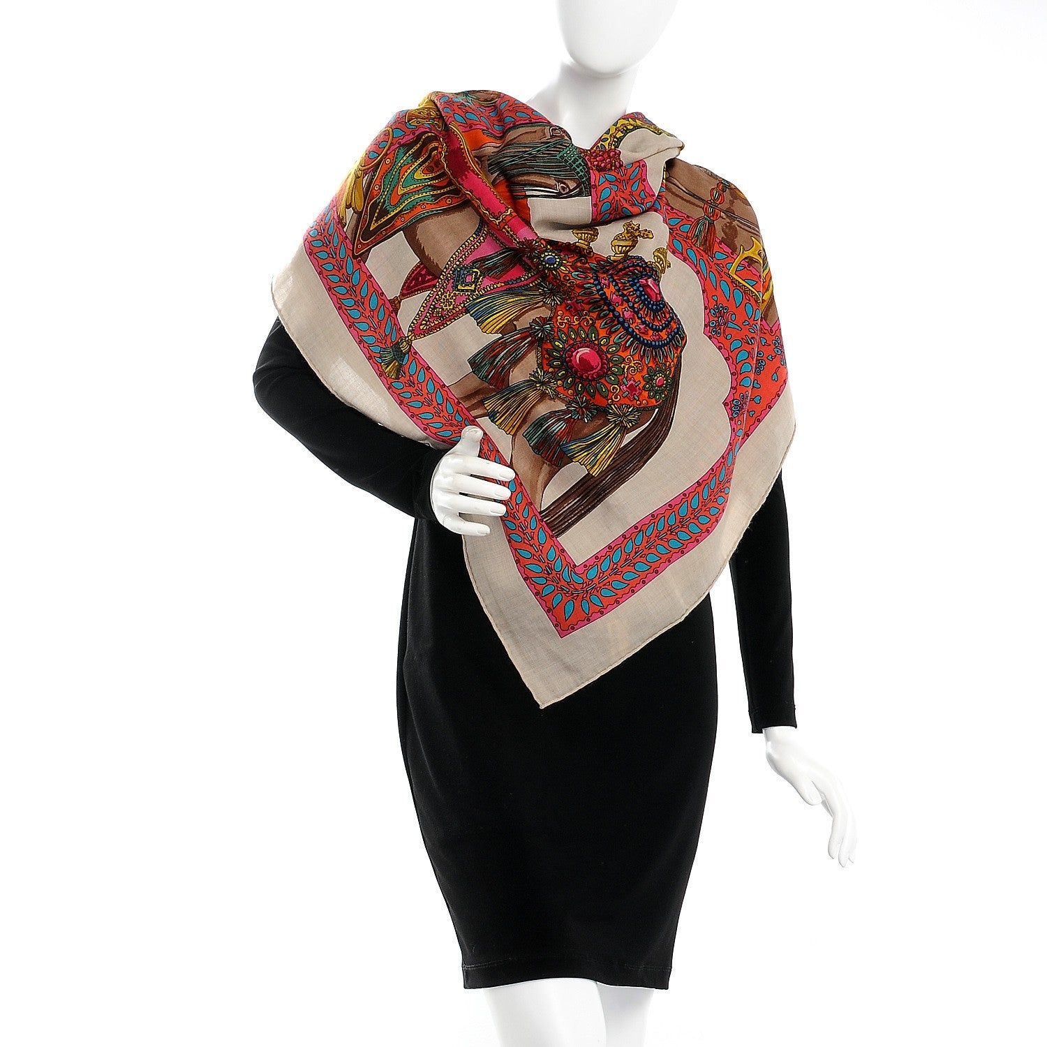 Hermes Cashmere Silk La Danse Du Cheval Shawl 140 Naturel Rose Vert 2 of 7