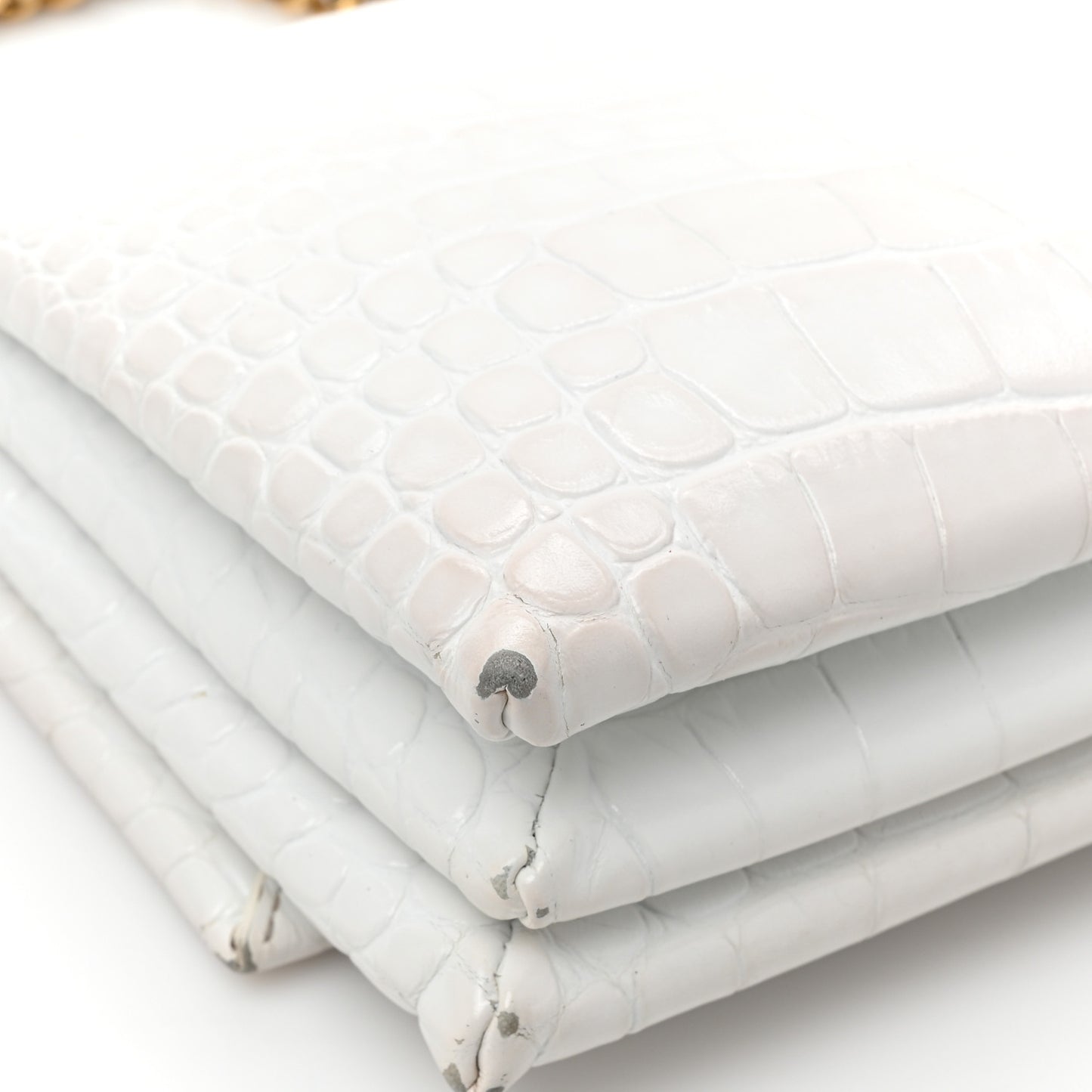 Shiny Extra Supple Calfskin Crocodile Embossed Small Triplet Bag Optic White