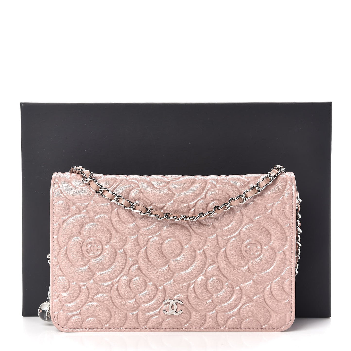 Goatskin Camellia Embossed Wallet On Chain WOC Light Pink