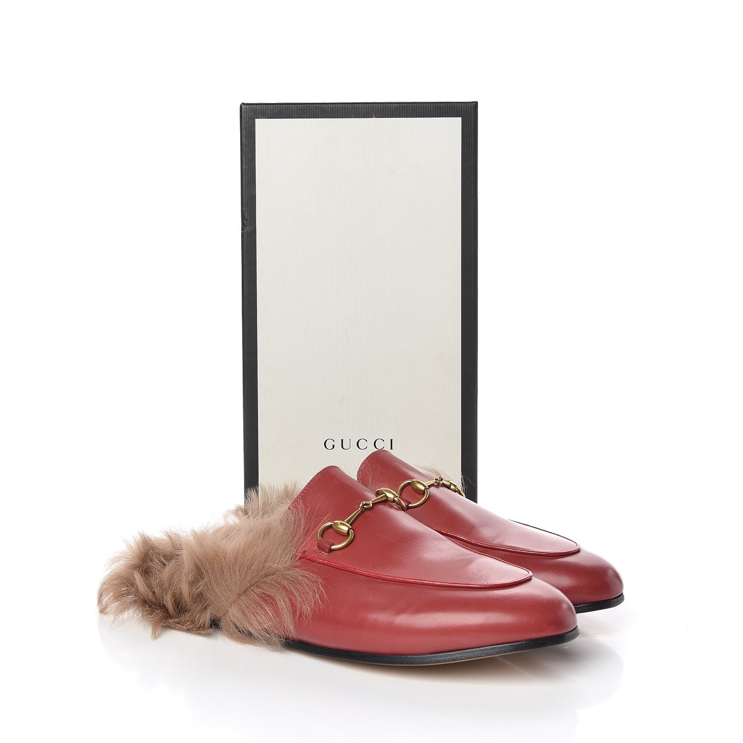Gucci Betis Glamour Calfskin Fur Womens Princetown Slippers 39.5 Hibiscus Red Naturale 9 of 9