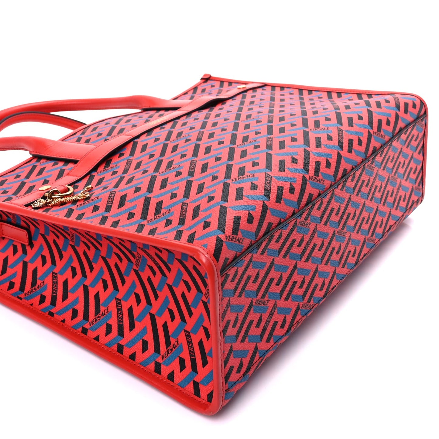 Coated Canvas Calfskin La Greca Signature Tote Bag  Blue Red