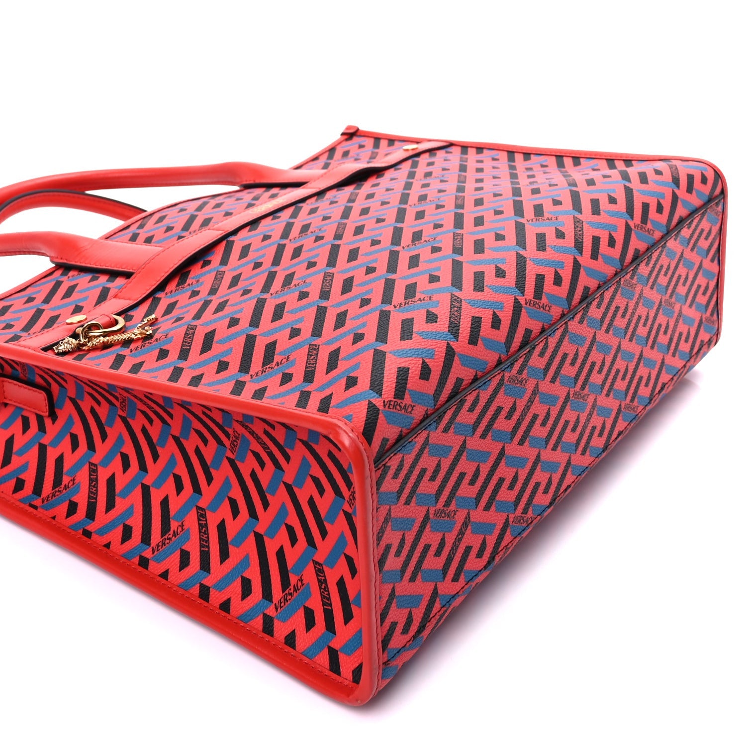 Versace Coated Canvas Calfskin La Greca Signature Tote Bag  Blue Red 8 of 8