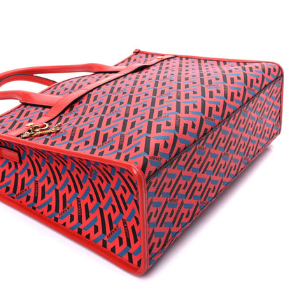 Versace Coated Canvas Calfskin La Greca Signature Tote Bag  Blue Red 8 of 8