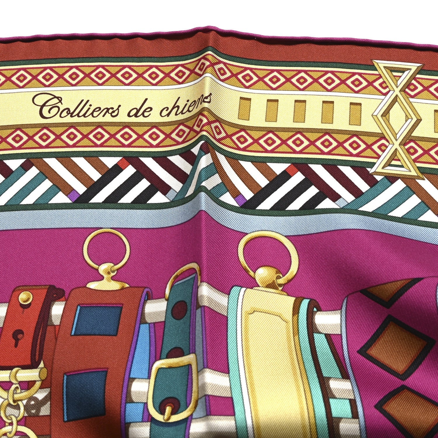 Hermes Silk Colliers de Chiens Scarf 90 Fuchsia Turquoise Grenat 5 of 5