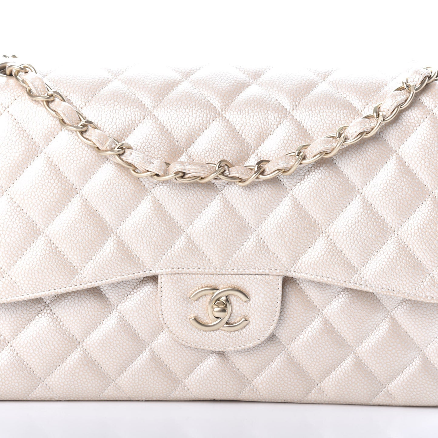 Pearly Caviar Quilted Jumbo Double Flap Light Beige