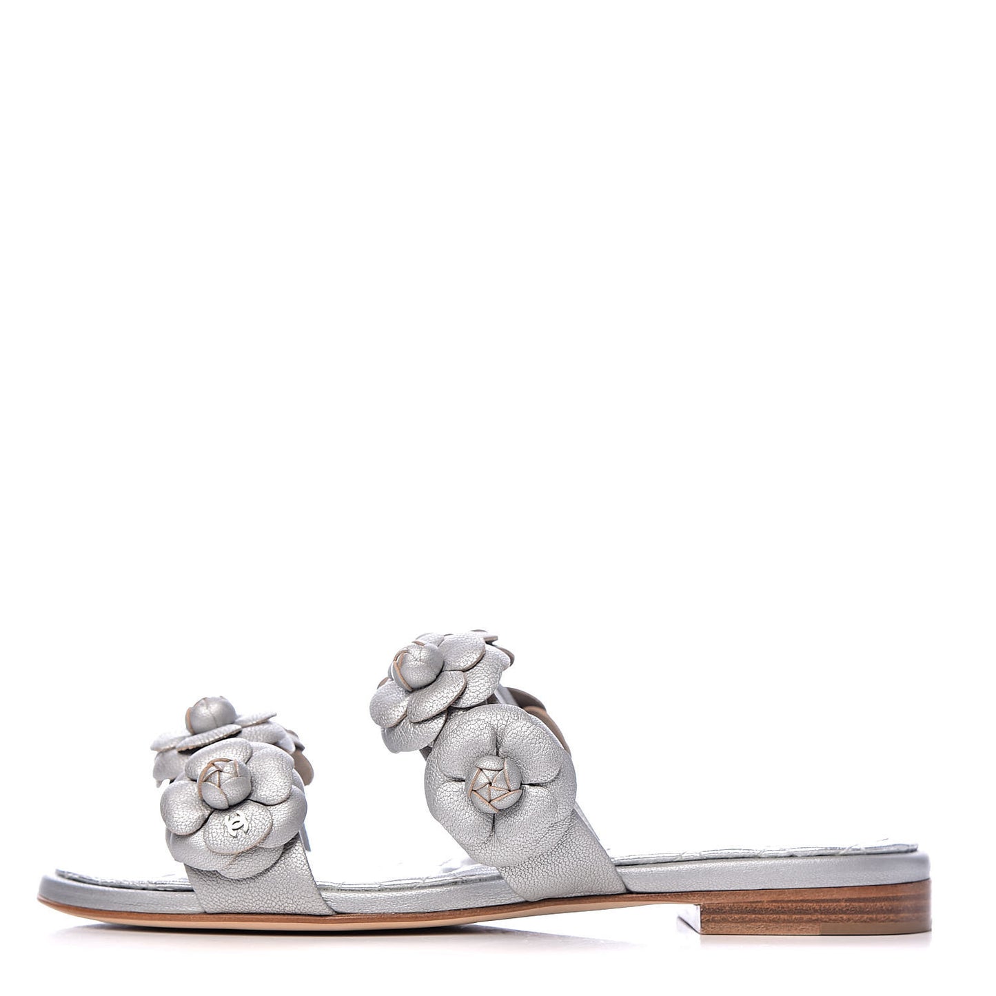 Metallic Lambskin Camellia Slide Sandals 35 Silver