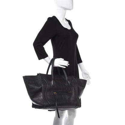 Celine Calfskin Crocodile Embossed Medium Phantom Luggage Black 2 of 8