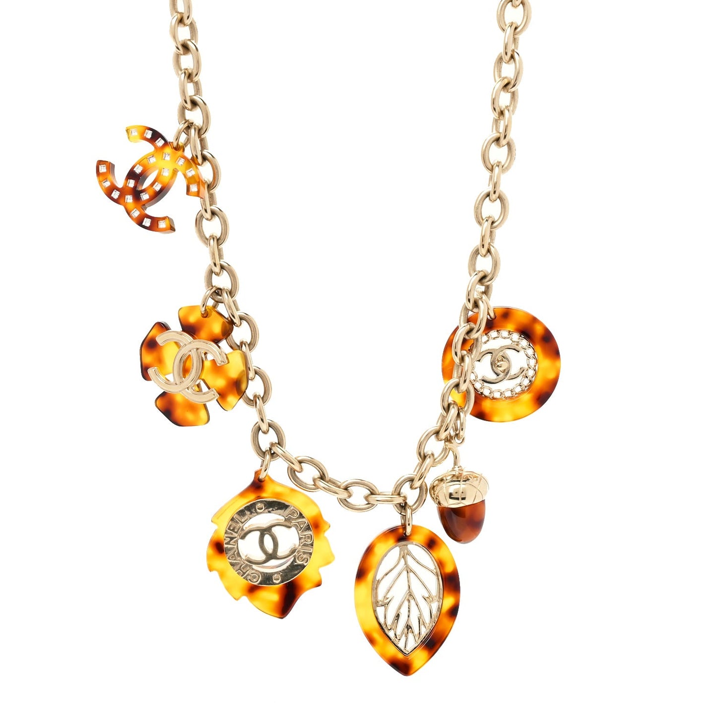 Resin Chain Logo Acorn Charm Necklace Tortoise  Gold