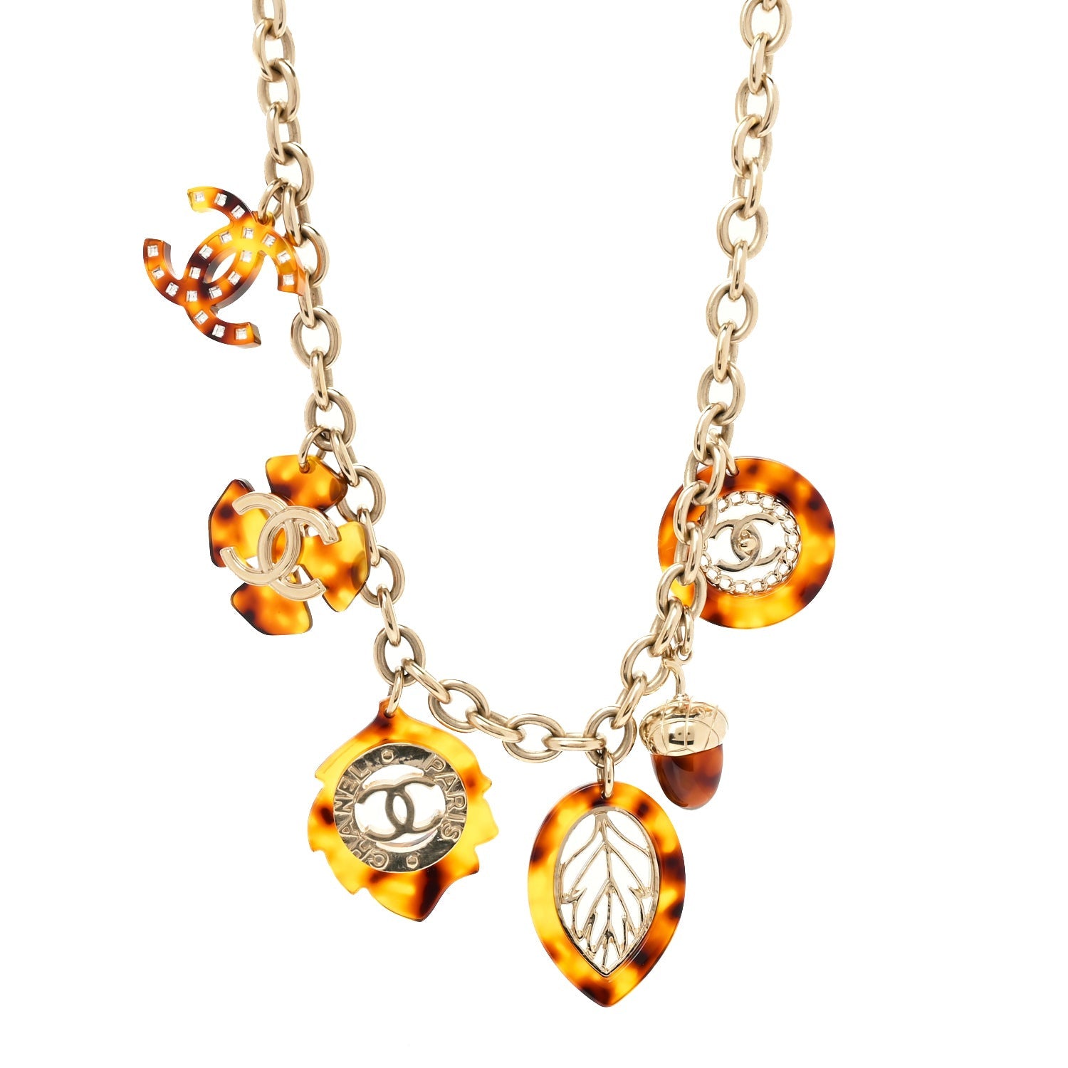 Chanel Resin Chain Logo Acorn Charm Necklace Tortoise  Gold 2 of 4