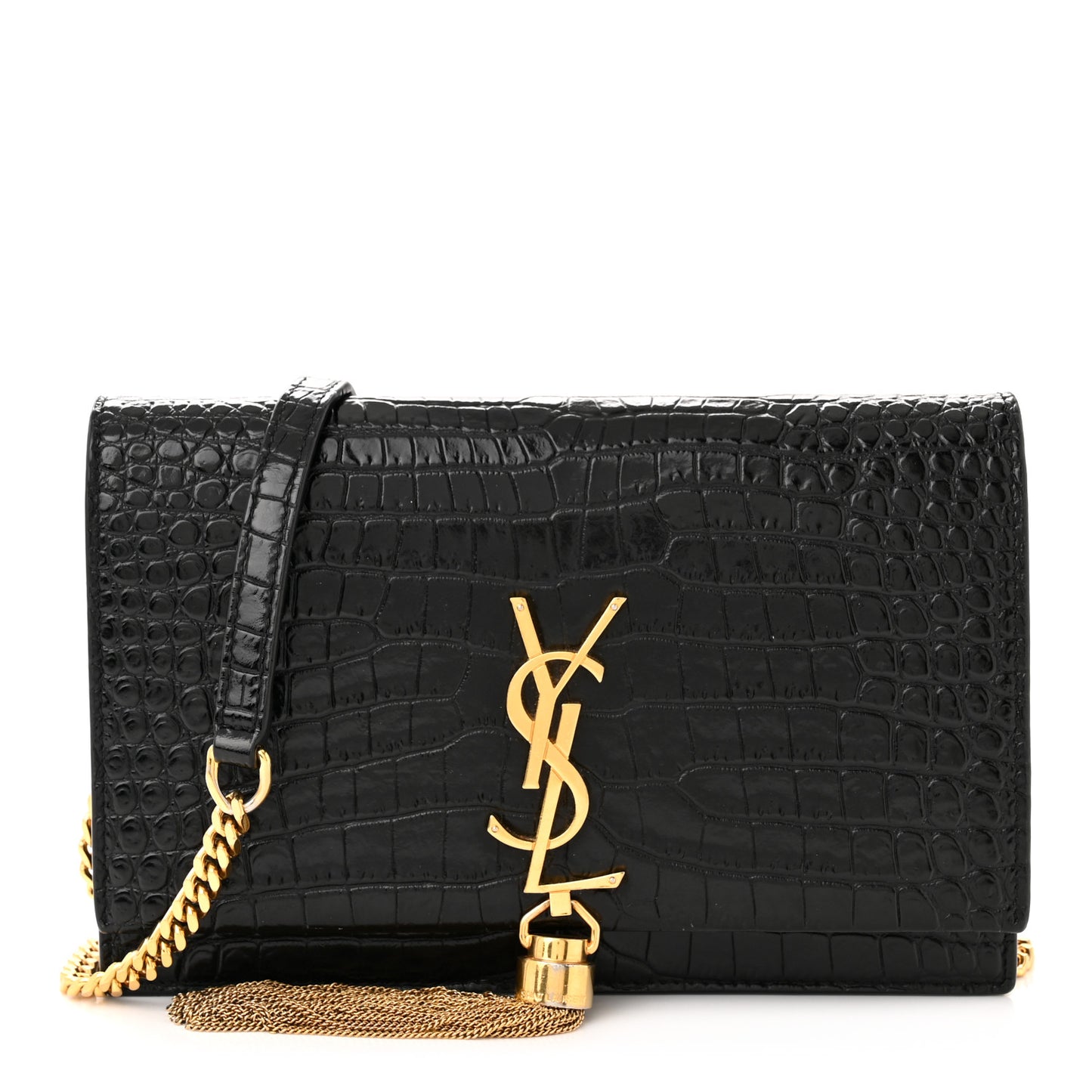 Calfskin Crocodile Embossed Kate Monogram Tassel Chain Wallet Black