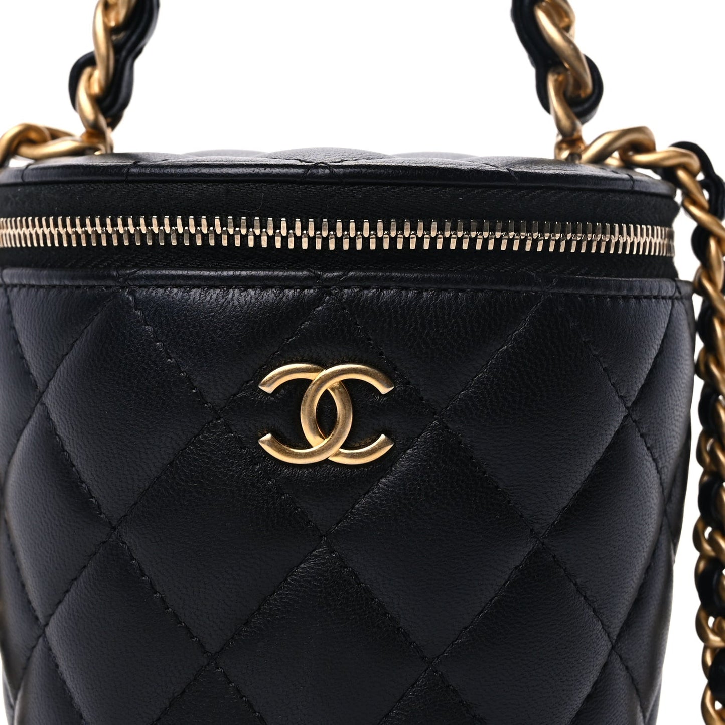 Lambskin Quilted Afternoon Tea Top Handle Vanity Case With Chain  Black
