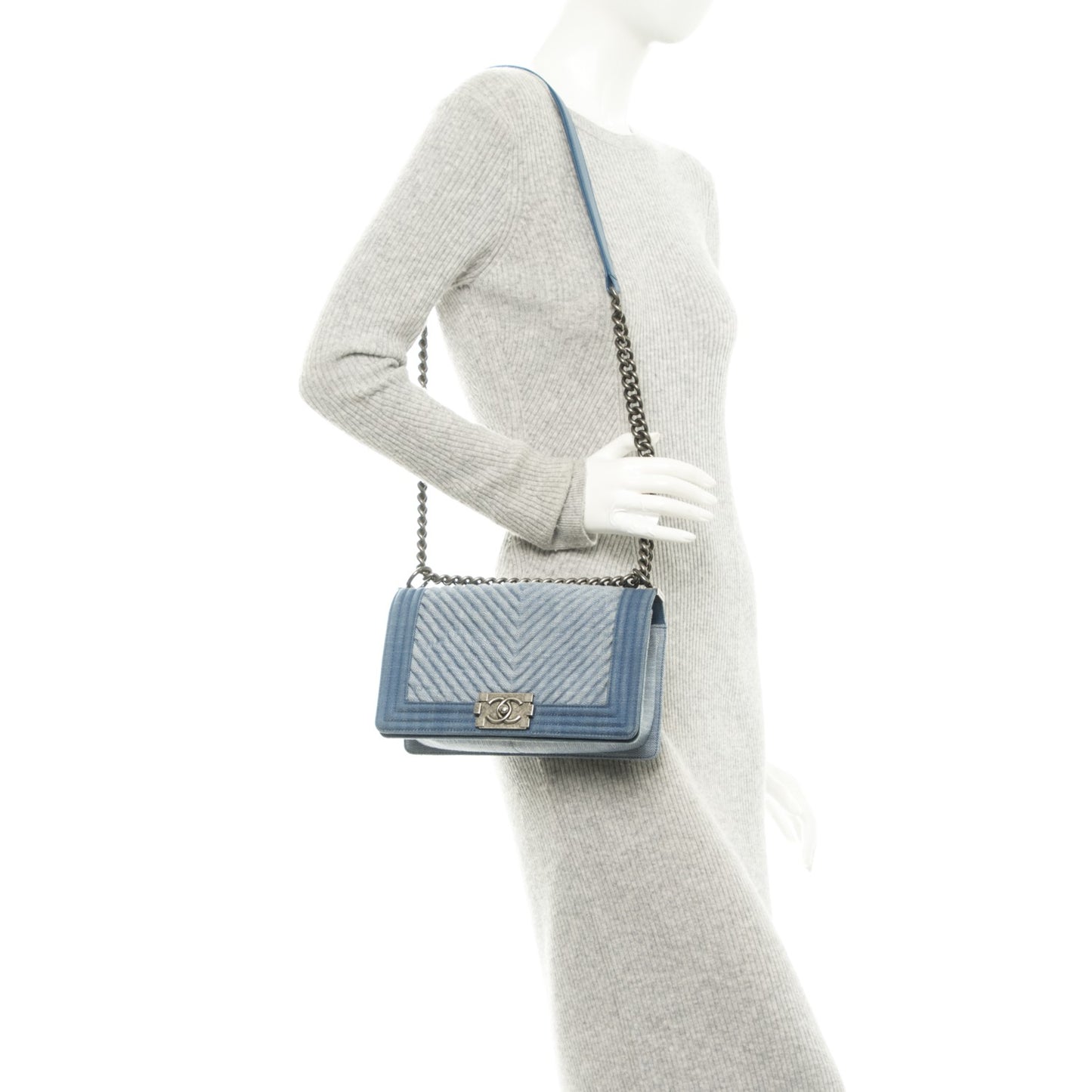 Denim Chevron Quilted Medium Boy Flap Blue