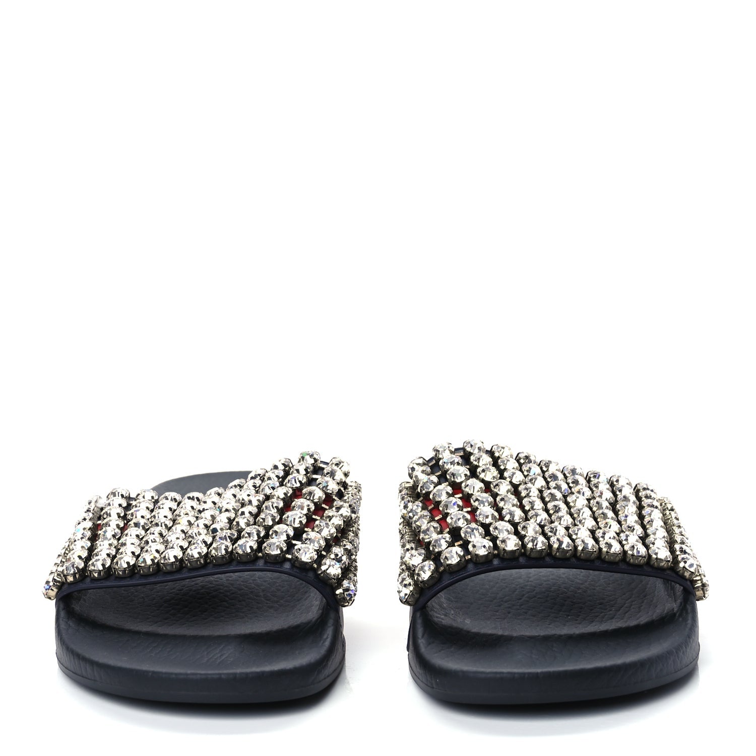 Gucci Calfskin Crystal Embellished Web Slide Sandals 38 Blue Red 3 of 8