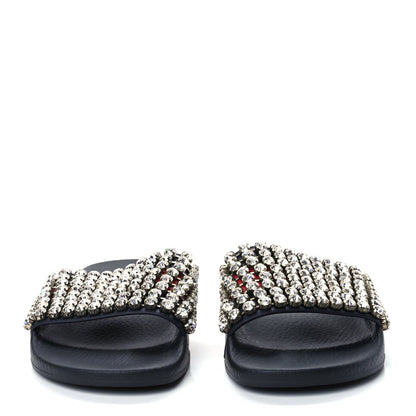 Gucci Calfskin Crystal Embellished Web Slide Sandals 38 Blue Red 3 of 8