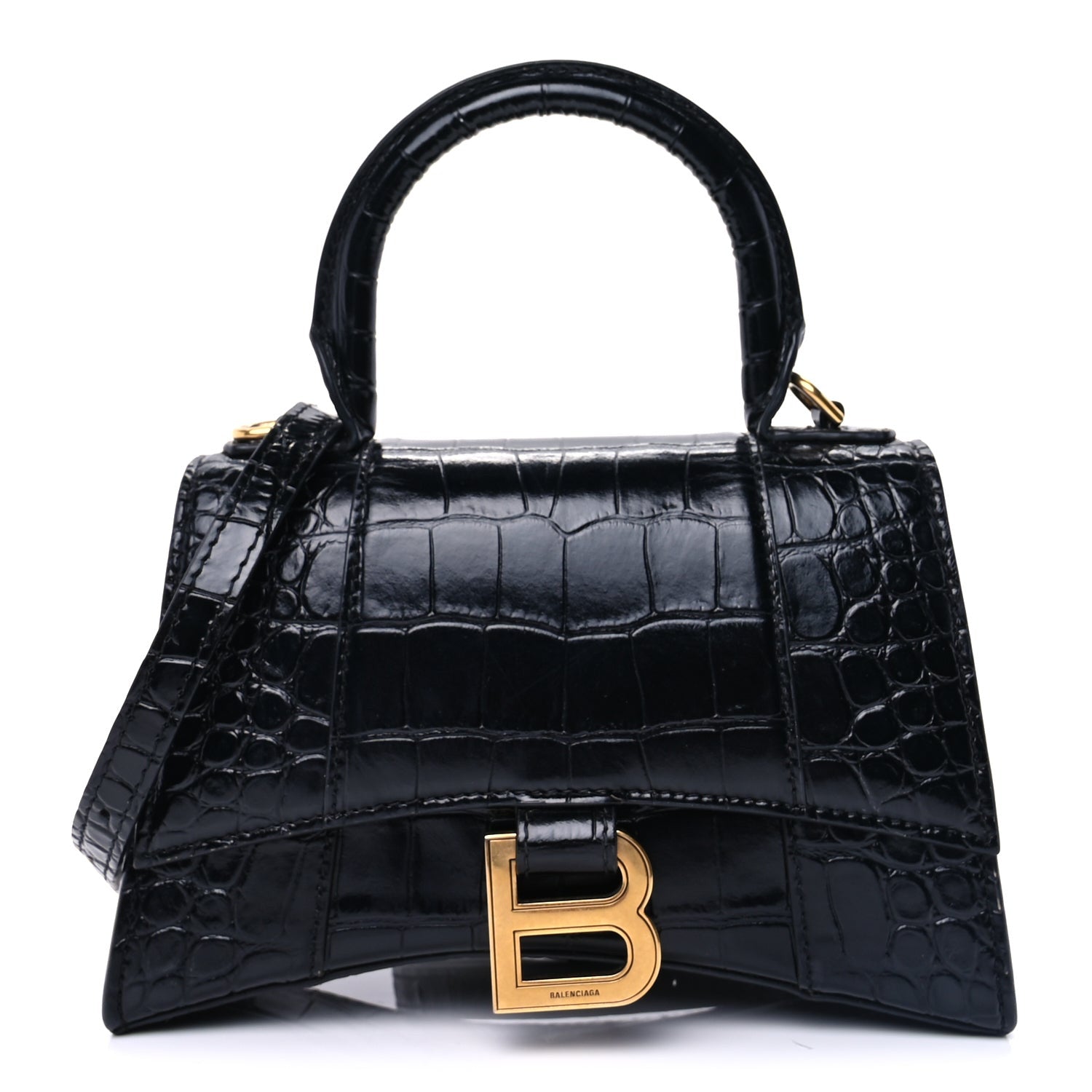 Balenciaga Shiny Calfskin Crocodile Embossed Hourglass Top Handle Bag XS  Black 1 of 8