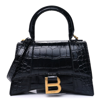 Balenciaga Shiny Calfskin Crocodile Embossed Hourglass Top Handle Bag XS  Black 1 of 8