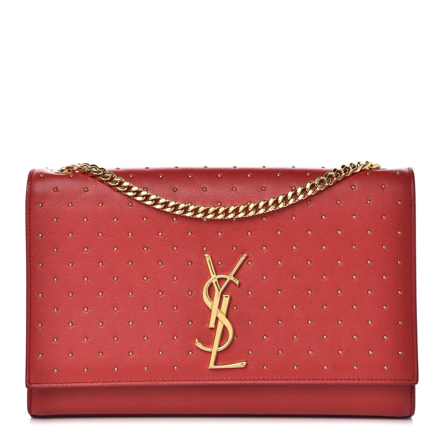 Calfskin Studded Medium Monogram Satchel Red
