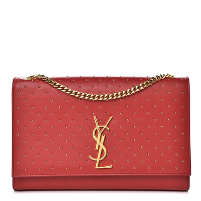 Saint Laurent Calfskin Studded Medium Monogram Satchel Red 1 of 9