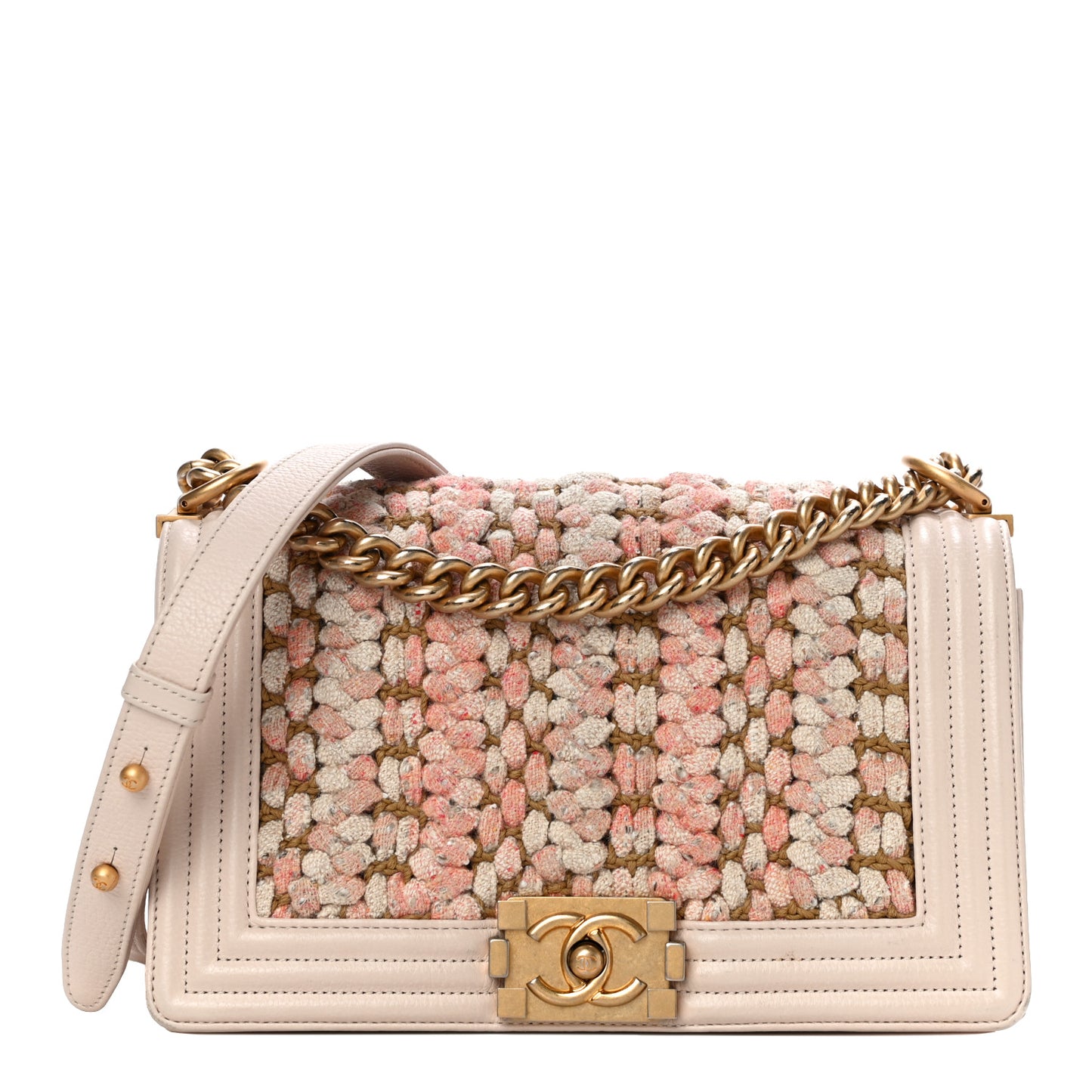 Braided Tweed Lambskin Medium Boy Flap Pink