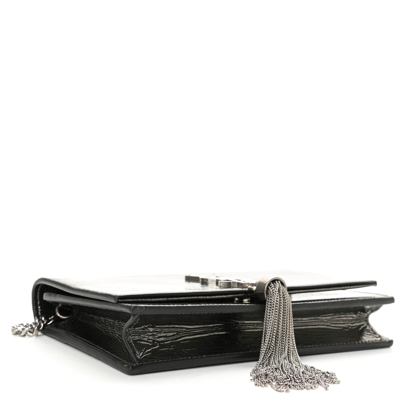 Metallic Crackled Calfskin Kate Monogram Tassel Chain Wallet Argento