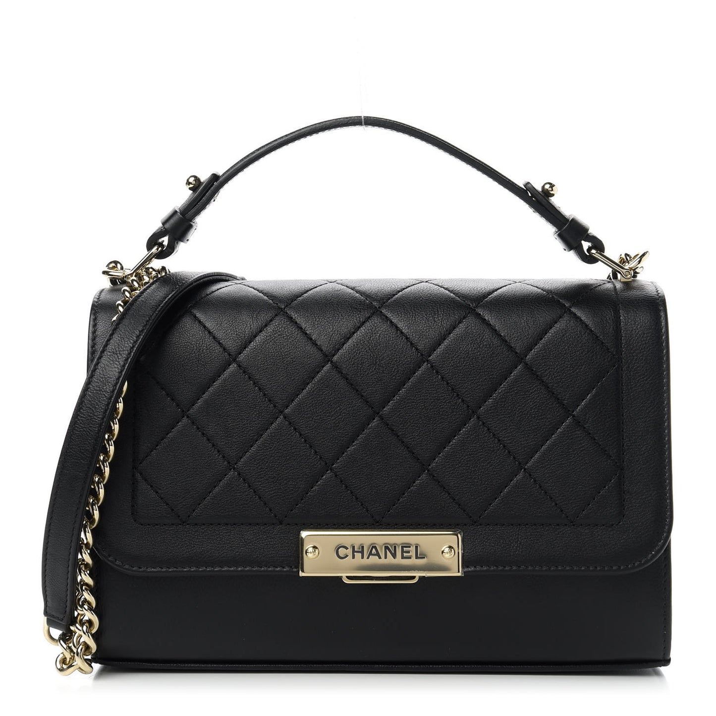 Grained Calfskin Quilted Medium Label Click Flap Bag Black
