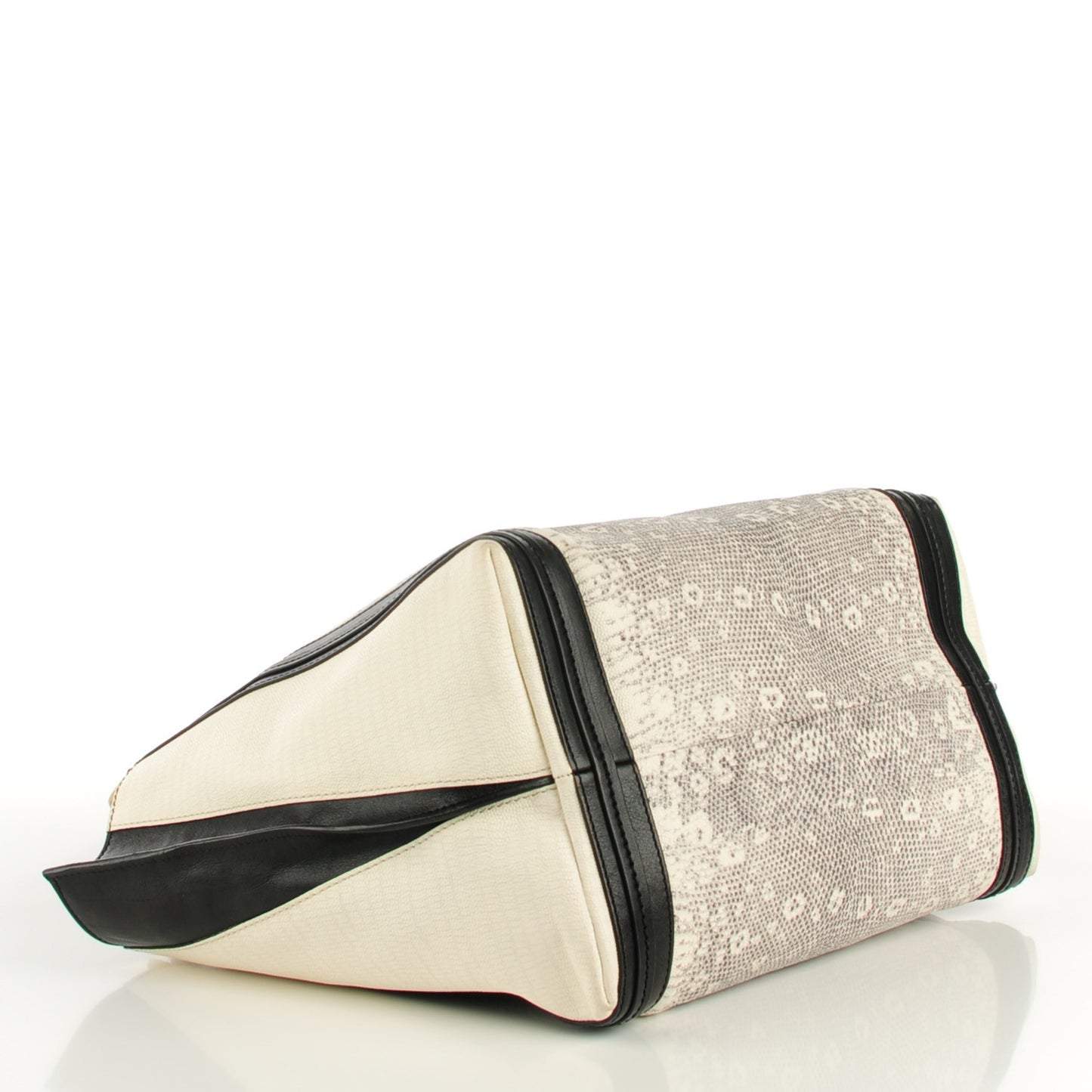 Grained Calfskin Lizard Embossed Mini Alison East West Tote Black White