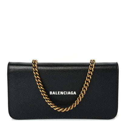 Balenciaga Grained Calfskin Logo Cash Phone Holder Wallet On Chain Black 1 of 8