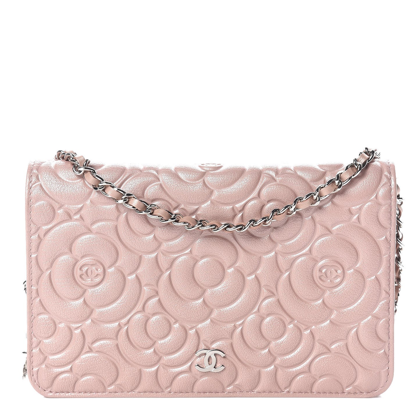 Goatskin Camellia Embossed Wallet On Chain WOC Light Pink