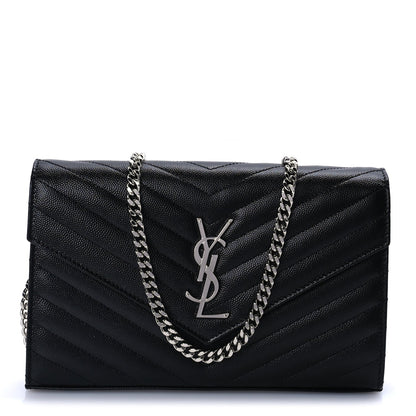 Saint Laurent Grain De Poudre Matelasse Chevron Monogram Chain Wallet Black 1 of 7