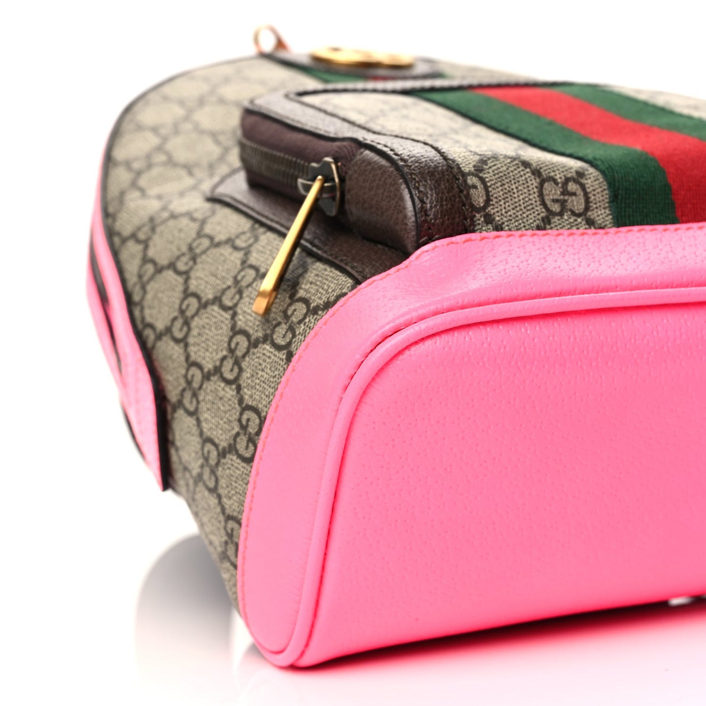 GG Supreme Monogram Textured Dollar Calfskin Web Small Ophidia Day Backpack Beige Ebony Fluorescent Fuchsia