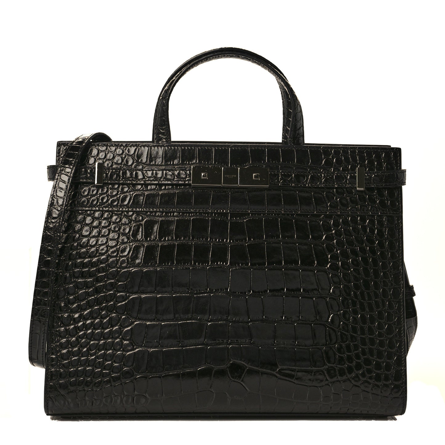 Shiny Calfskin Crocodile Embossed Small Manhattan Shopper Tote Black