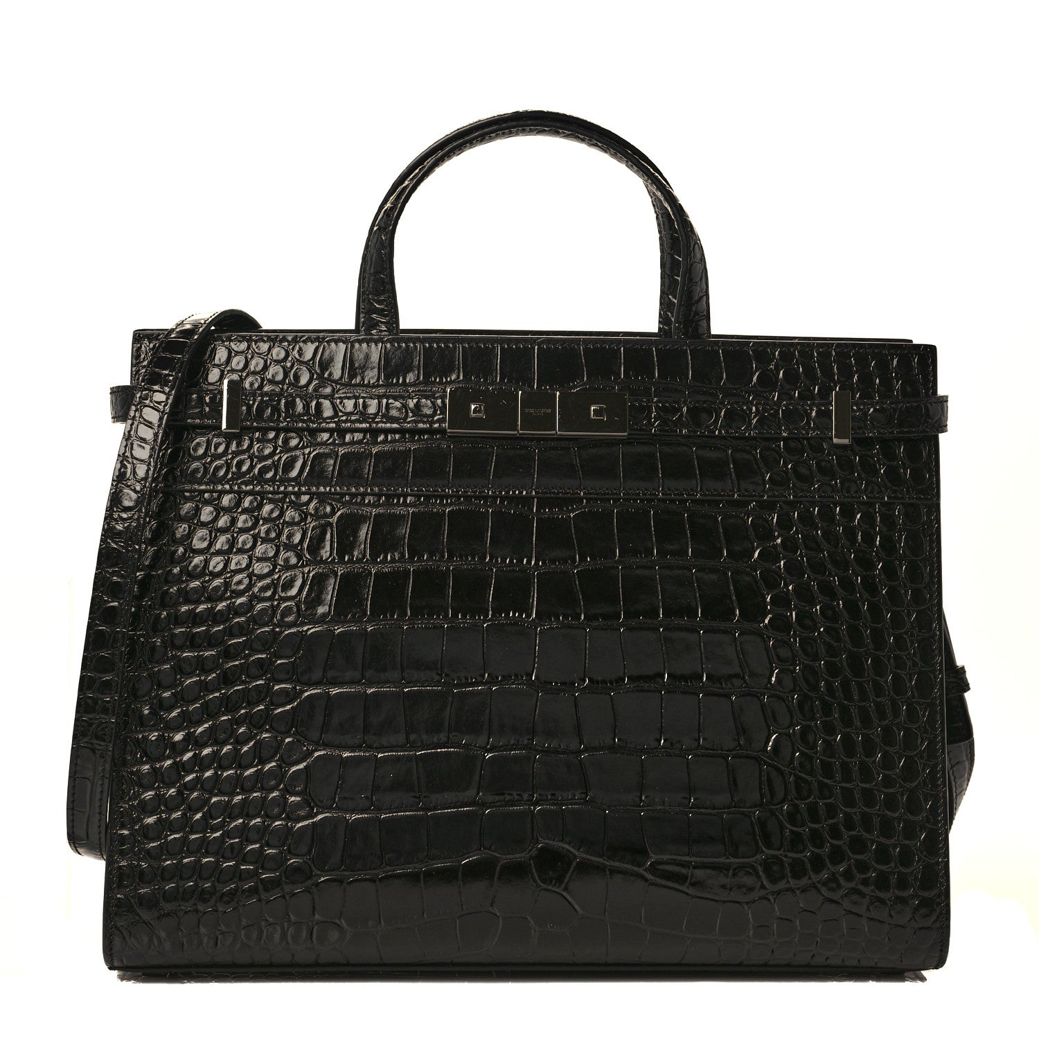 Saint Laurent Shiny Calfskin Crocodile Embossed Small Manhattan Shopper Tote Black 1 of 10
