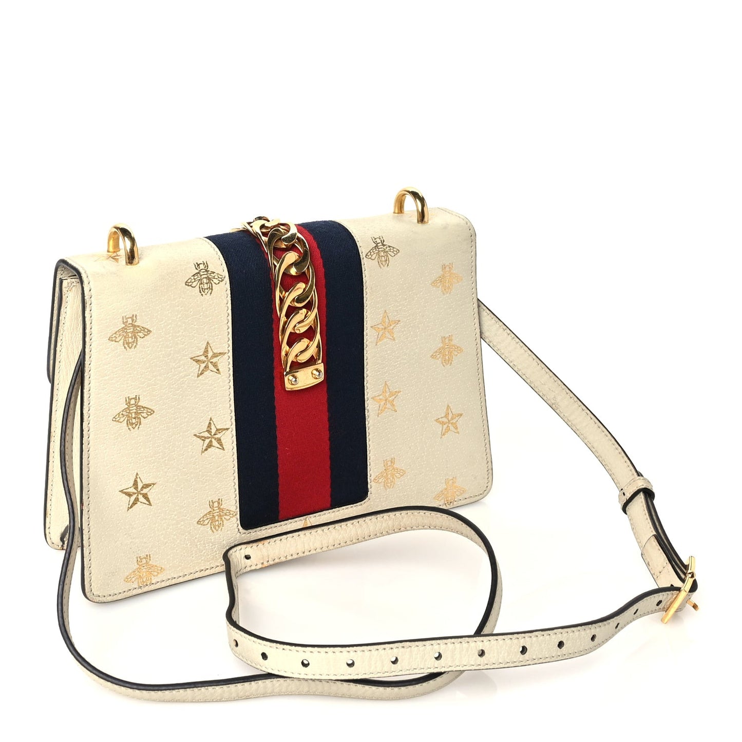 Textured Calfskin Bee Star Print Small Sylvie Shoulder Bag Mystic White