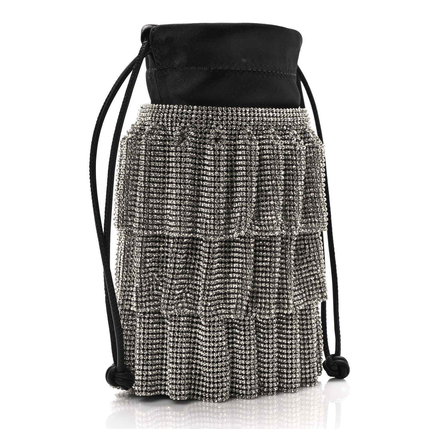 Alexander Wang Satin Mesh Crystal Rhinestone Drawstring Pouch White Black 3 of 9