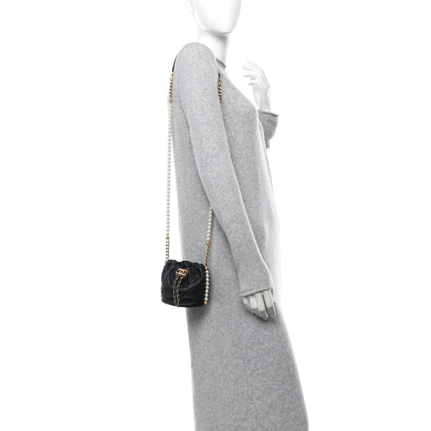 Calfskin Quilted Pearl Mini About Pearls Drawstring Bucket Bag Black