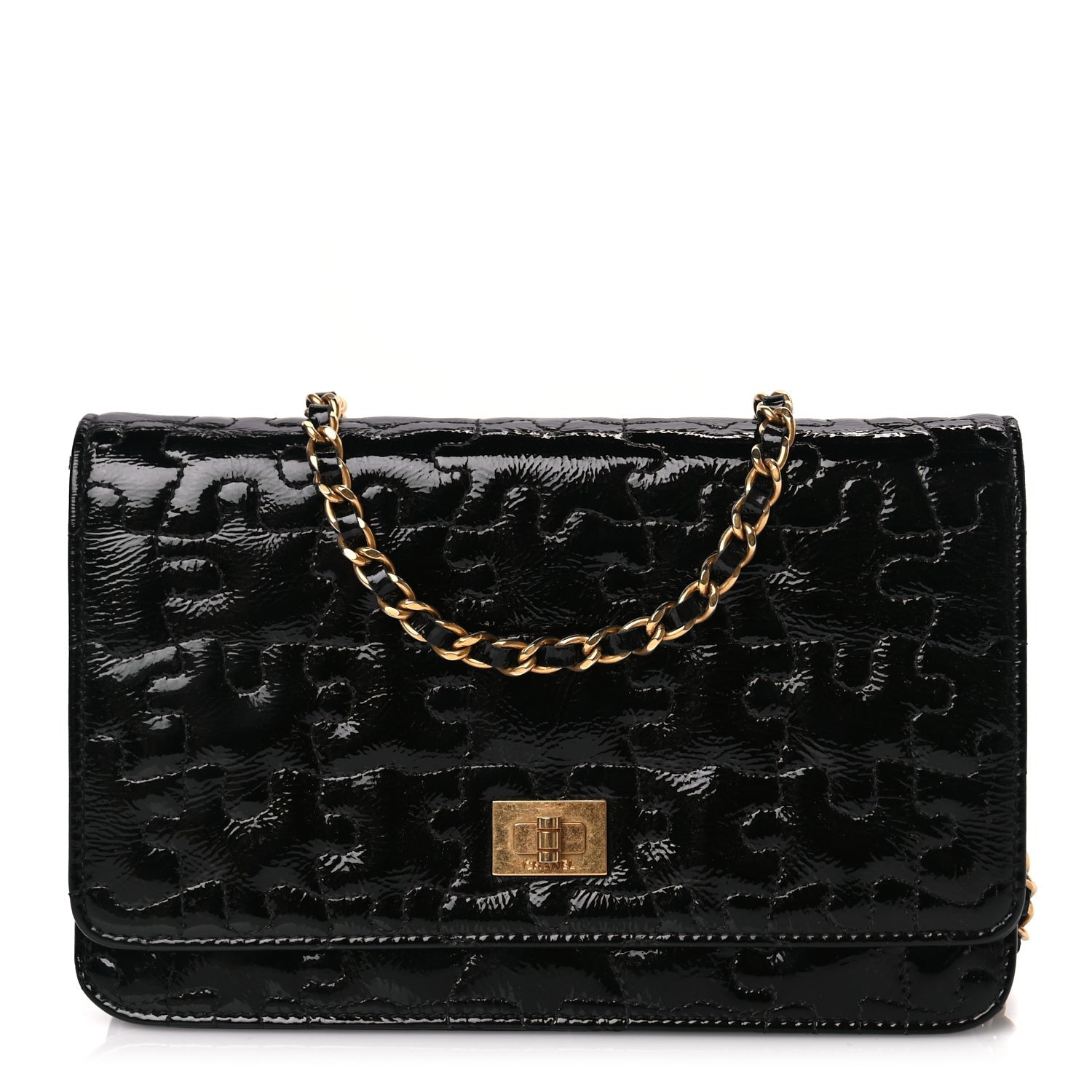 Chanel Crackled Patent Calfskin Puzzle Reissue Wallet On Chain WOC Black 1 of 9