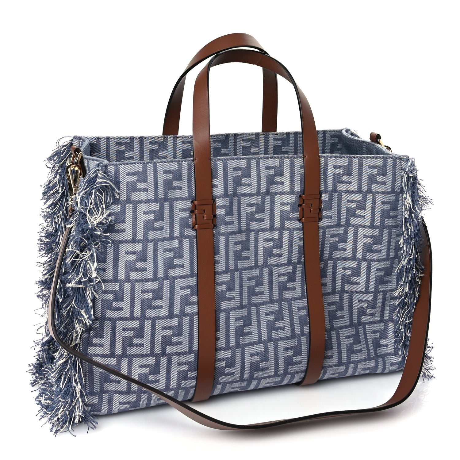 Fendi Denim Vitello King F is  FF Embroidered Summer Tote Myrtle Dark Nut 2 of 8